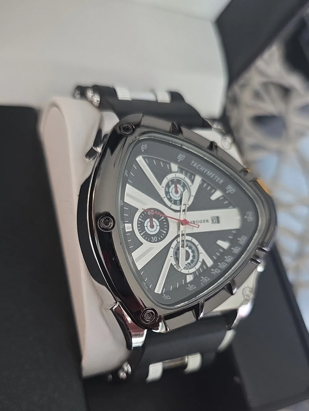 274.  Unique Triangular Men's Chronograph Watch - Black & Silver